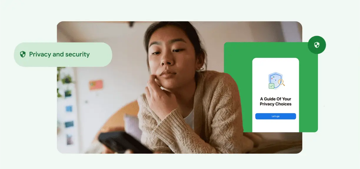 A woman touches her face and looks at her phone.