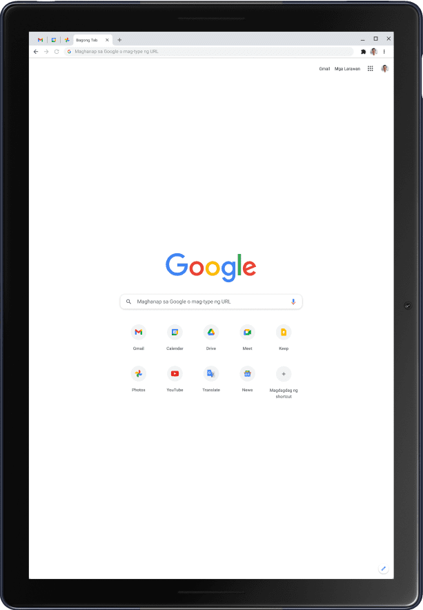 Pixel Slate Tablet sa Portrait mode, na ipinapakita ang home page ng Google.
