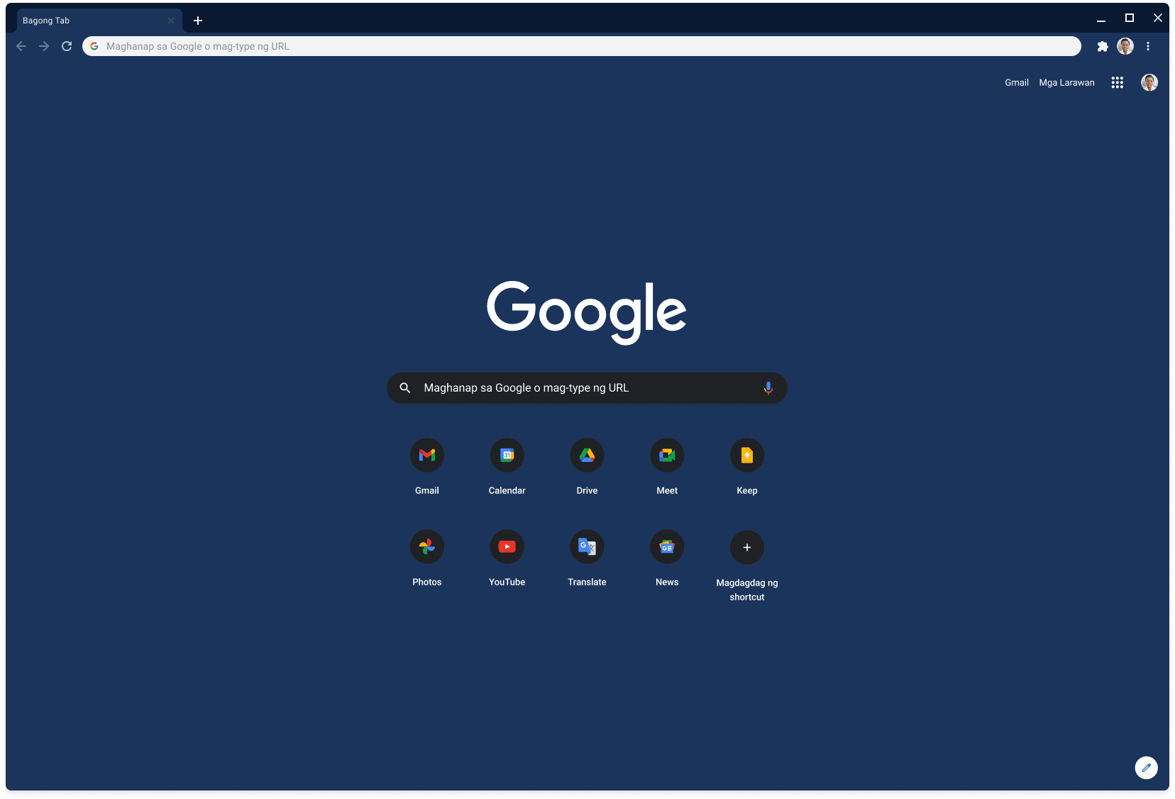 Window ng Chrome browser na ipinapakita ang Google.com gamit ang Slate na tema.