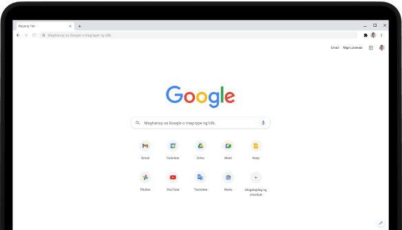 Kaliwang sulok sa itaas ng Pixelbook Go laptop na may screen na ipinapakita ang search bar ng Google.com at mga paboritong app.
