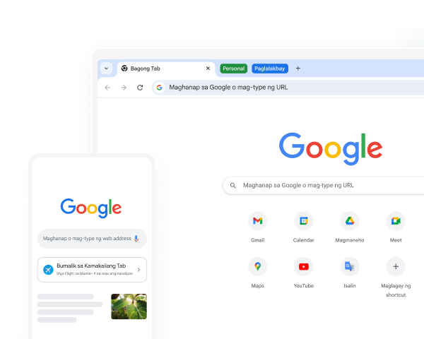 Parehong ipinapakita ng mobile device at desktop computer ang Google homepage sa Chrome.