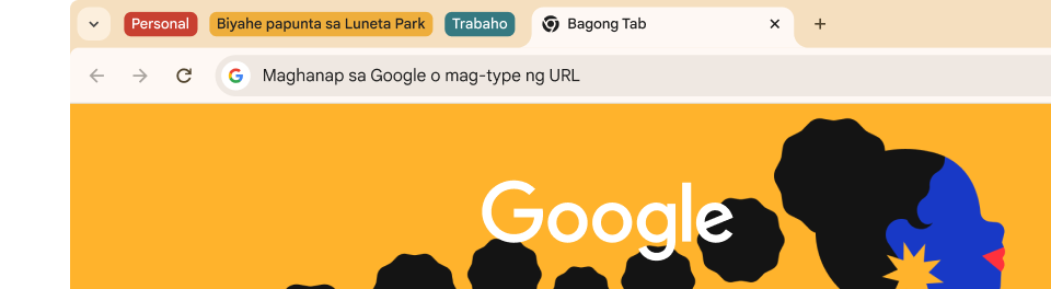 Itinatampok ng UI ng browser ang tatlong grupo ng mga tab: Personal, Pamamasyal sa Arches, at Trabaho.