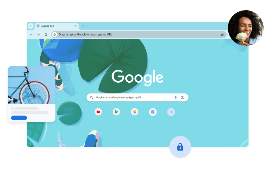 May asul na larawan ng isda na nasa koi pond sa background ng page ng paghahanap sa Google. May larawan ng babae sa sulok.