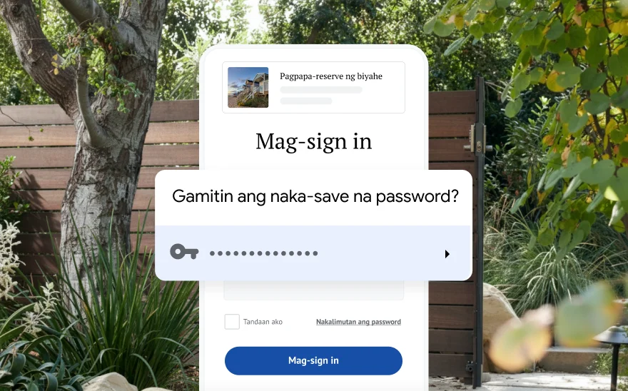 Hinihiling ng page sa pag-sign in para sa pagpapa-reserve ng biyahe na gumamit ng naka-save na password. Isang eksena ng kalikasan ang nasa background.