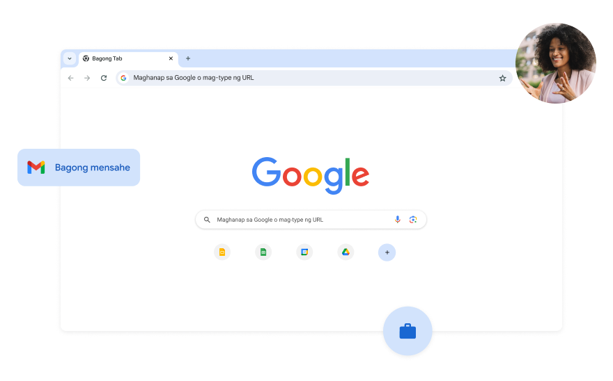 Puti ang background ng page ng paghahanap ng Google. Nasa sulok ang larawan ng babae.