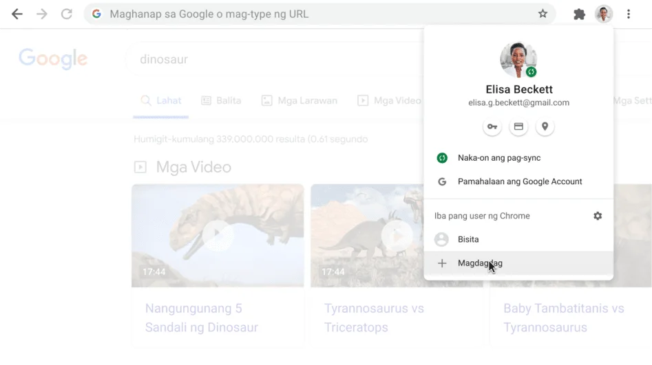 Window ng Chrome browser na may nakabukas na dialog box ng Profile.