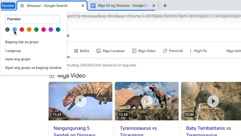 Window ng Chrome browser na may dialog box na nagpapakita ng pagpapangalan ng grupo ng tab.