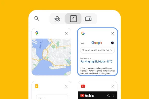 Naglo-load ang mobile browser ng mga tab mula sa isang desktop browser, kasama ang Google Maps at impormasyon sa paradahan ng NYC.