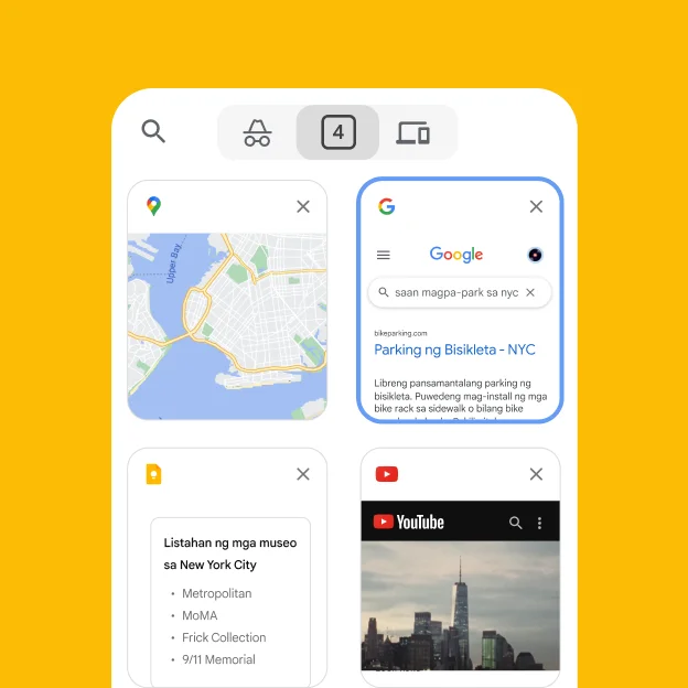 Naglo-load ang mobile browser ng mga tab mula sa isang desktop browser, kasama ang Google Maps at impormasyon sa paradahan ng NYC.